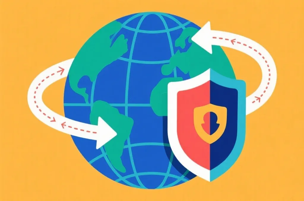 A stylized flat vector illustration of a digital shield protecting a network globe, with pathway arrows symbolizing secure backup routes